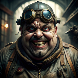 fat pilot with a scary smile, one eye mechanical prosthesis , 1922 , steampunk fiction, dramatic shot , horror white color and subtle strokes to create a three-dimensional effect. The image shows a high level of detail, creating a hyperrealistic aesthetic.