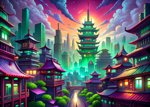 japanese cyberpunk fantasy city