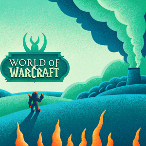 Screenshot of a World of Warcraft desktop with a fiery demon on an apocalyptic landscape. Dark brown, black, and fiery orange hues dominate the scene. World of Warcraft logo prominently displayed.