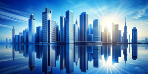 Modern skyscrapers of a smart city, futuristic financial district, graphic perspective of buildings and reflections - Architectural blue background for corporate and business brochure template 