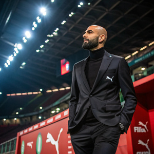 Simone Zaza, bald and bearded, at a Puma sponsored sports conference. He wears a sleek black suit. The venue is brightly lit with corporate branding around.