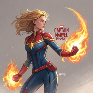 Digital illustration of Captain Marvel in Binary form. Dynamic pose with fiery flame effect. Vibrant colors including red, blue, and yellow. Neutral grey background with Marvel Comics logo.