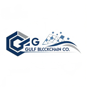 Modern logo for Gulf Blockchain Company. Design features bold geometric shapes and sleek text 'Gulf Blockchain Co.' in a clear, modern font. The color scheme uses a deep blue with accents of gray, all centered on a crisp white background.