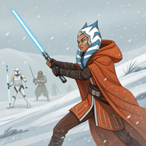 Ahsoka Tano, clad in her signature orange and white Jedi robes, wielding a blue lightsaber, standing in an action pose. The scene takes place in a snowy landscape, with the characters from 'The Mandalorian' in the background.
