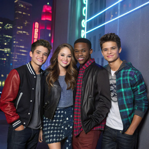 From 'Lab Rats': Billy Unger, Kelli Berglund, Tyrel Jackson Williams, and Spencer Boldman posing for a magazine spread in their streetwear outfits. Neon-lit cityscape backdrop