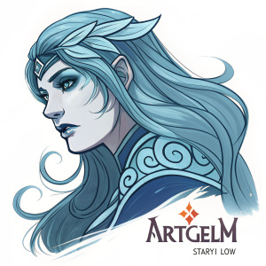 Illustration of a female DOTA 2 character, Artgelm by Staryl Low. Blue toned, intricate makeup, flowing hair. Character's name and artist's name in the corner.