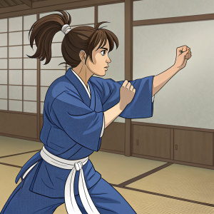 Sakura Kasugano, from the Street Fighter series, in a training montage. Her brown hair tied in a high ponytail, wearing a blue gi and white belt. Training in a dojo with tatami mats.