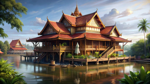 A large Thai house with the back next to a wide river.