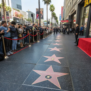 Adam Levine's star on the Hollywood Walk of Fame, located in the heart of Los Angeles, shines brightly amidst a crowd of admirers.