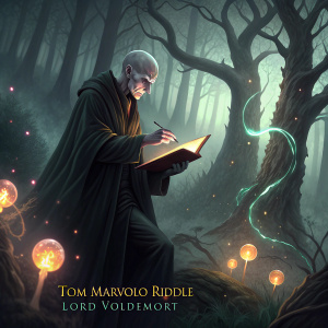 Tom Marvolo Riddle, aka Lord Voldemort, performing dark magic in a mysterious forest. Casting spells, writing ominous notes in an ancient book, surrounded by eerie, glowing runes.