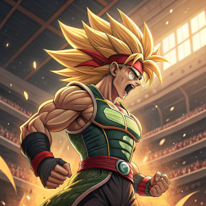 Bardock, the Saiyan warrior, in Super Saiyan form, muscles flexed. His hair golden and wild. Red headband secured. Wears green and black armor. Standing in a radiant, warm-lit arena.