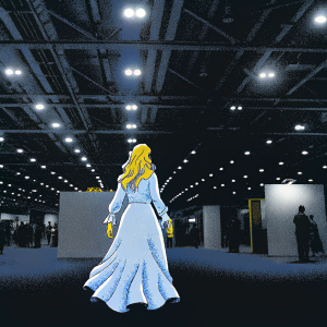 Axel Wonschkowski, the voice actress for Sypha Belnades from Castlevania, is seen at a comic-con convention. She wears a long, flowy, ruffled dress and her hair is flowing freely.