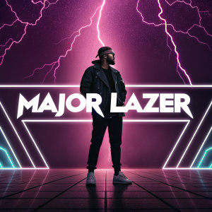 Digital artwork featuring Major Lazer's logo. Bold, graphic design with lightning bolts. Black and white color palette, set against a neon-lit backdrop.