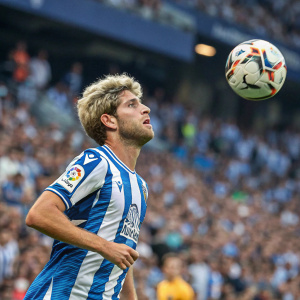 Sergi Roberto, blond soccer player, in a blue and white striped jersey. Mid-game, LaLiga Santander match. Crowd cheering in background.