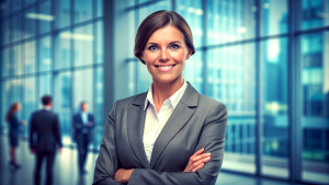 portrait of successful  businesswomen consultant looking at camera and smiling inside modern office building