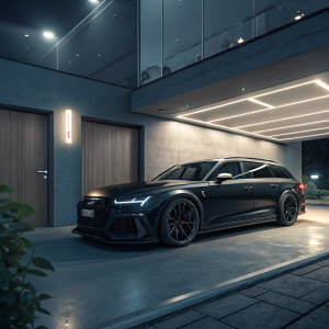 Digital artwork of a black Audi RS6 Avant parked in a sleek, futuristic garage. The widebody kit and ambient lighting create a high-tech atmosphere.