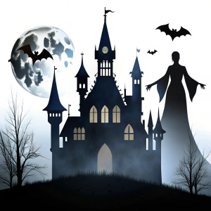 Silhouette of vampire castle Scary ghost house on white background