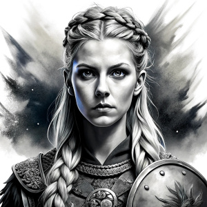 shieldmaiden perfect realistic art, high-definition, high-definition grey and black, white background 