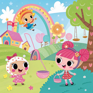 Whimsical digital illustration featuring Lalaloopsy characters in a vibrant, cartoon world.