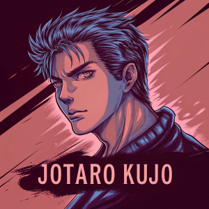 Hand-drawn portrait of Jotaro Kujo from JoJo's Bizarre Adventure series. Sketch-like style, black, white, and red accents. 'Jotaro Kujo' text at bottom.