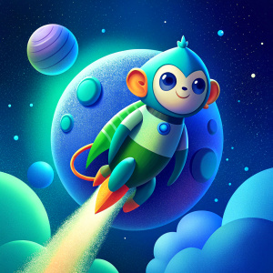 green and blue monkey in a spacesuit inside a rocket flying over the moon