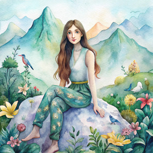 Mujer blanca de pelo largo castaño, sentada sobre una roca en una montaña con muchas flores, y aves, con unos jeans floreados y con un trasfondo de los Andes muy verdes y con una flora muy tropical 