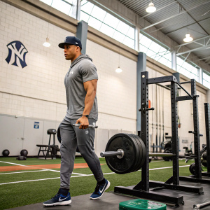 Giancarlo Stanton, New York Yankees star, at a gym. He's in casual workout attire. Indoor sports facility, weightlifting area