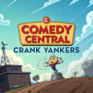 Opening sequence of CRANK YANKERS. Brightly colored Comedy Central logo. Background is a dynamic, animated sky with playful cloud formations in a light blue hue.