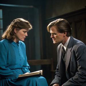 Mare Winningham and Philip Anglim on the set of 'The Thorn Birds'. Intense discussion in a quiet, dimly lit room. Winningham in a blue dress, Anglim in a suit.