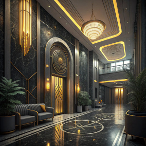 Futuristic entrance hall of Patreon Palace. Dark marble floor, sleek design, soft golden lighting, dark tones, yellow accents.