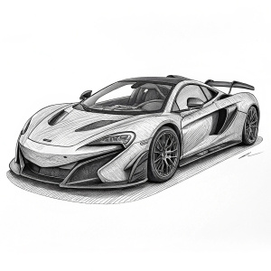 Line drawing of McLaren 675LT supercar showcasing sleek aerodynamics. Detailed illustration emphasizing streamlined design and unique front end. Black and white artwork highlighting精湛的线条画描绘了迈凯轮675LT超级跑车的空气动力学设计，艺术家着重表现了车身与车辆独特的前部设计，捕捉了迈凯轮675LT的复杂轮廓和形态。这幅黑白渲染作品展示了艺术家的精湛技艺。