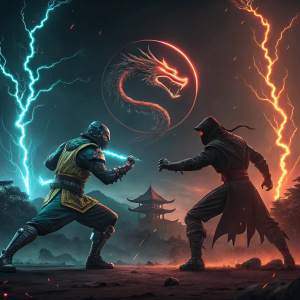 Movie poster for Mortal Kombat. High-octane action scene featuring martial arts combatants in an epic showdown. Dark, ominous sky backdrop with vibrant neon highlights.