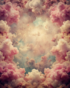 Create a poster with a background that has like CLOUDS IN THE MIDDLE AND THE BACKGROUND IS A MIXTURE OF DARK PINK AND CREAM. THE TEXTURE MUST BE GRUNDGE WITH PATTERNS THAT ARE GIVING COTTON CANDY AND NICE 