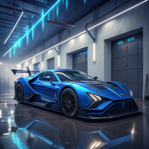 Rendering of the Zenvo TSR-S 2019, a hypercar with an aggressive stance and electric blue paint. It's parked in a futuristic garage with sleek, white walls and neon lighting.