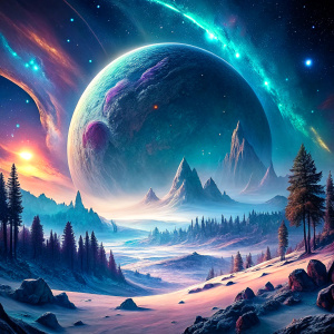 raw photo, northern lights and planets in space , (((it's snowing))),shining canyons ,space, 
blizzard, starry night, (((bright stars))), ((planets)),magical forest,visible in the sky, "nebula, 
galaxy"Many planets,fantastic snowy world,, focus, ultra-high quality, ultra-detailed focus, 
close-up, high detail, 8k, photorealistic, rule of thirds, depth of field, complex details, 
concept art, bright colors, futuristic design, attention to detail, grandeur and awe, stunning 
visual masterpiece, fa