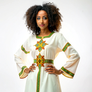 White Habesha Kemis Beautiful Habesha Libs smooth cotton silk design detailed by Ethiopian cross, cloth with ultra-accurate precise details, attractive, perfect body, curl hair, visible attractive chest line, and face, long tight hand sleeves, silk detailed with green, yellow, and red silk cross-tailed art on the cloth with ultra-accurate precise details of Ethiopian orthodox church-styled . with a white cultural habesha dress with Ethiopian orthodox church-styled green, yellow, and red silk 