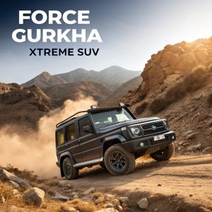 Advertisement for the new Force Gurkha XTreme SUV. It navigates rocky desert trails, emphasizing its superior off-road performance. Key features and pricing in Indian Rupees are clearly displayed.