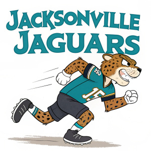 Illustration of the Jacksonville Jaguars mascot. Cartoon jaguar, teal jersey, determined look. Dynamic pose. Background is white, 'Jacksonville Jaguars' text above