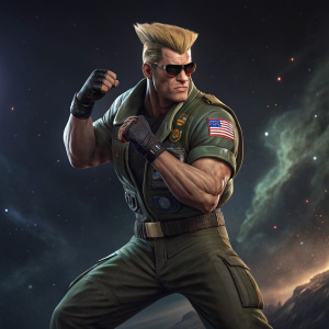 High-definition render of Guile from Street Fighter. Intense battle stance. Dark, cosmic background