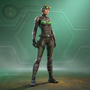 Digital illustration of a female character from Splinter Cell: Vixen. Futuristic, cyber-enhanced appearance. Full-body, high-poly sculpted outfit. Metallic and tech-inspired design. Upright and confident pose. Determined expression. Abstract greenish background. Detailed and high-resolution.