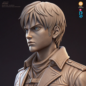 Digital 3D rendering of Attack on Titan's Eren Yeager as a detailed sculpture. Dark background, social media logos included