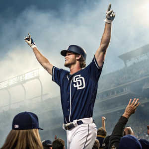 Wil Myers, baseball player for San Diego Padres, in triumphant pose. Dark blue jersey with SD logo, amidst crowd of fans raising arms. Foggy stadium background, perfect sports photography moment.