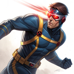 Digital art of Cyclops, an X-Men hero, in action pose. White background, glowing red eyes, vibrant colors