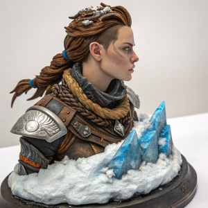 Prime 1 Studio's sculpture of Aloy from Horizon Zero Dawn. Intricate details, various textures and materials including blue glass formations and a layer of snow-like substance. Art piece