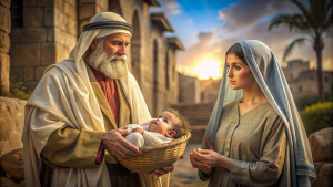 an old man holding and presenting the baby Jesus in front of the Jerusalem temple with his mother Mary and his father Joseph next to Mary observed, in the time of Christ, realistic photography