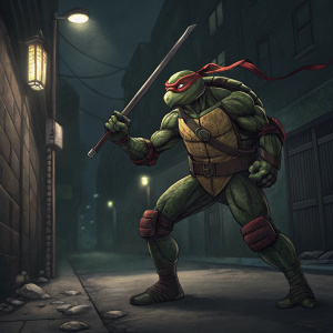 Michelangelo, one of the Teenage Mutant Ninja Turtles, stands in a martial arts stance. Wearing his iconic red bandana. Dark alley background