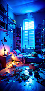 cinematic film shot, dark  messy geek room without windows, with bed, shelf with books and boxes, food junk around, low light, scary shadows on walls