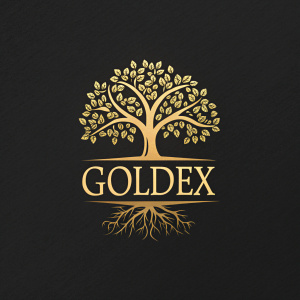 A logo design for Goldex featuring a stylized, golden tree with intricate foliage. The brand name 'Goldex' is displayed in bold, elegant golden font. The dark contrasting background highlights the logo's strength and growth symbolism.