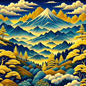 Beautiful gentle mountains and trees seamless pattern in the style of Japanese prints