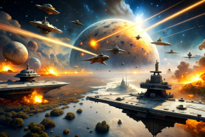a space battle scene, with intricate spaceships, laser beams, and explosions, inspired by the epic scale and visual style of Star Wars
